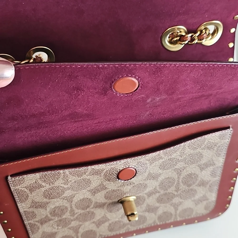 Coach Tea Rose handbag.  Chic Black and Brown Designer Handbag with Gold Chain - Picture 8 of 10